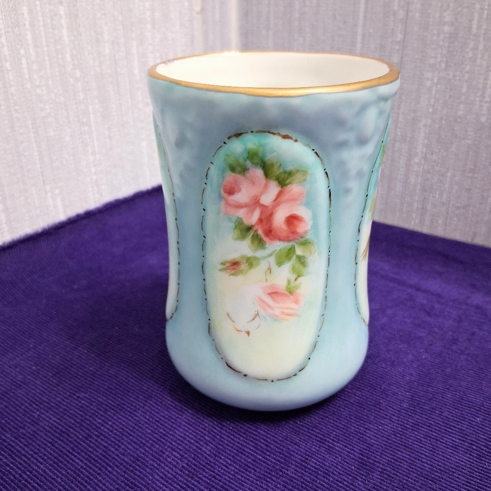 Antique Sommerville Porcelain Cup Vase Holder Aqua And Rose Hand-Painted